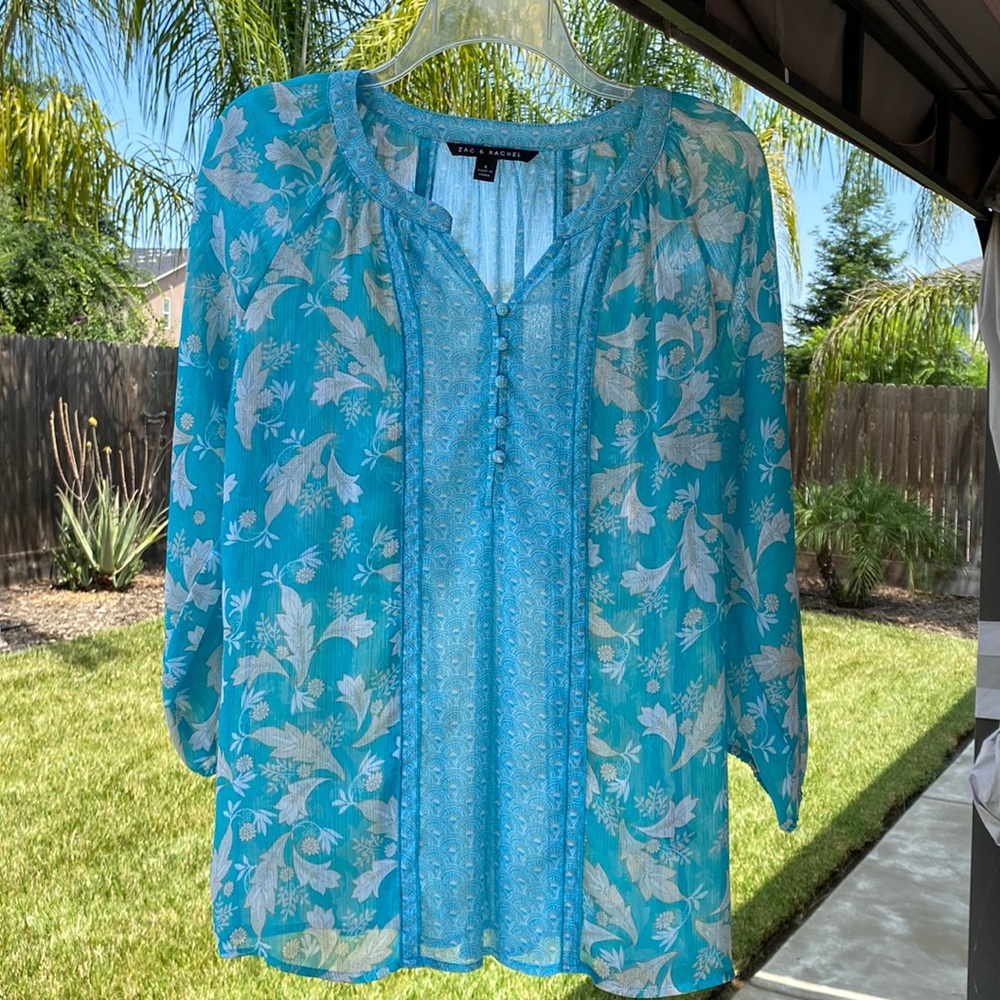 Zac & Rachel top, sheer boho, floral turquoise blue, size S